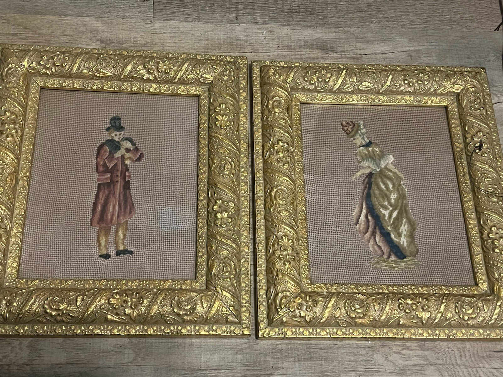 Antique Victorian Needlepoint Picture Frames Pair Ornate Gold Gilt 14”x12” Antique Victorian Needlepoint Picture Frames Pair Ornate Gold Gilt 14”x12”