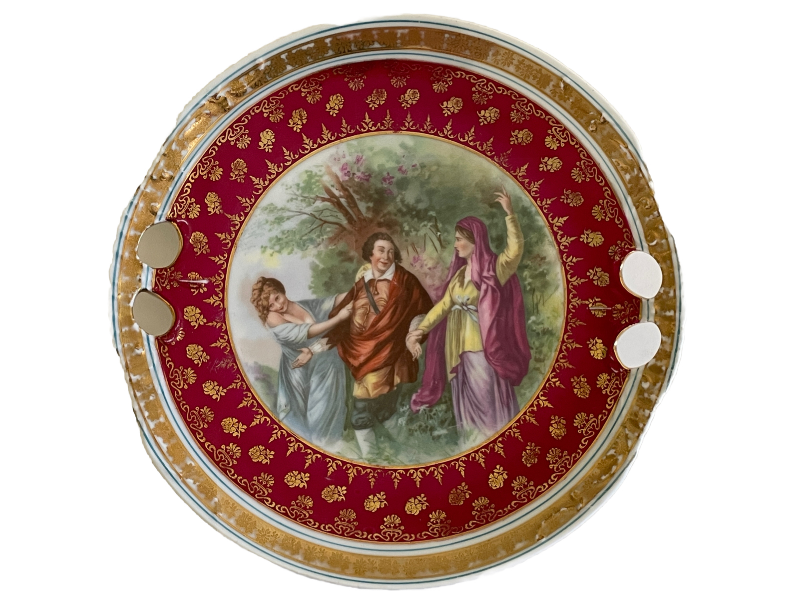 JKW Bavaria PLATE Courting Couples Women Red Gold Porcelain Hole Handles JKW Bavaria PLATE Courting Couples Women Red Gold Porcelain Hole Handles
