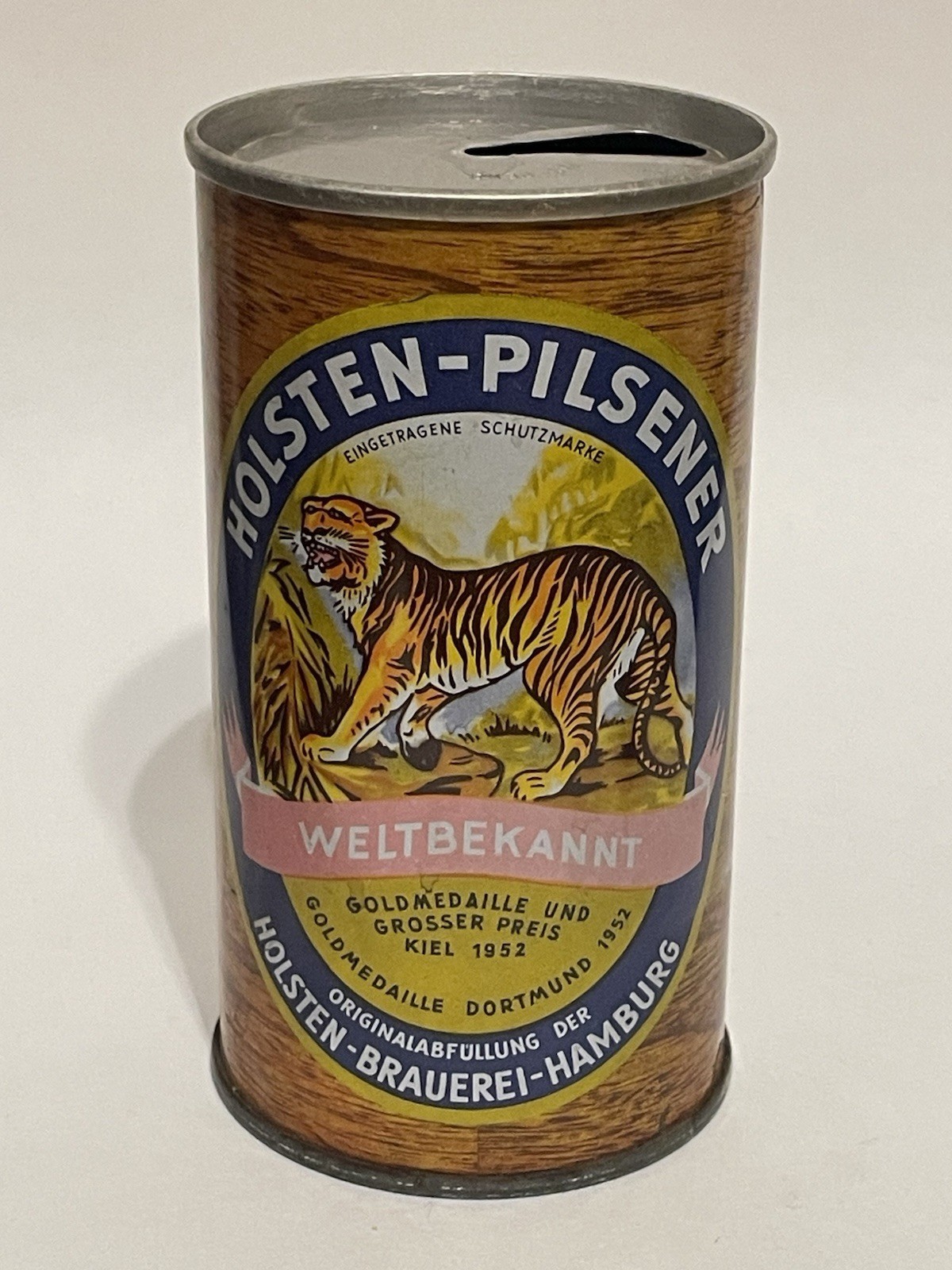 Holsten Pilsener empty beer can, straight steel, Germany, OI on lid
