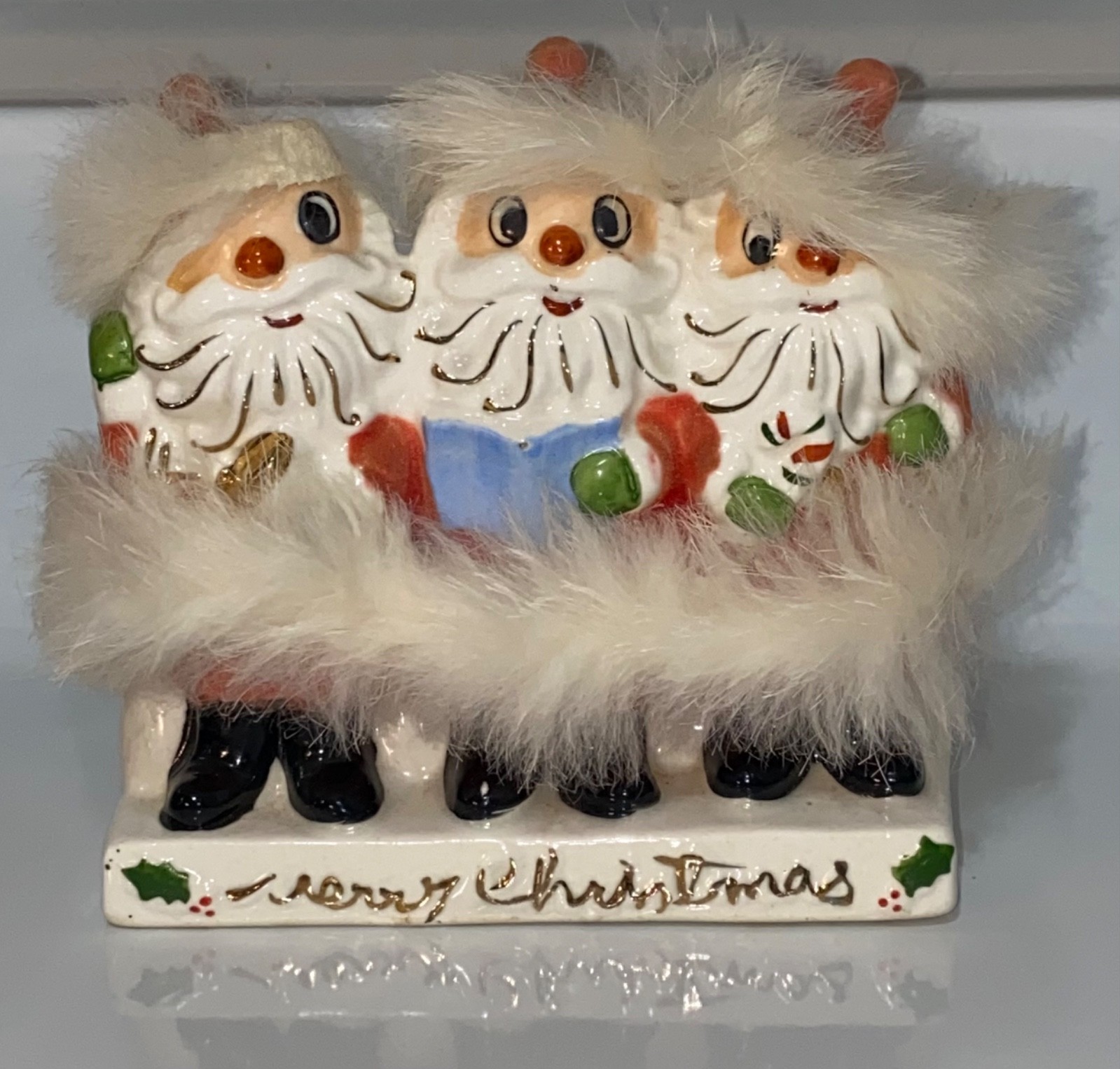 Vintage Japan Fuzzy Santa Trio Planter LeeWards Christmas Carolers Fur Trim MCM
