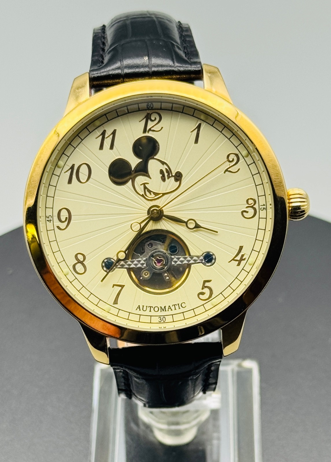 Rare Disney Elgin Mickey Mouse Large Automatic Skeleton Watch Cathedral Dial