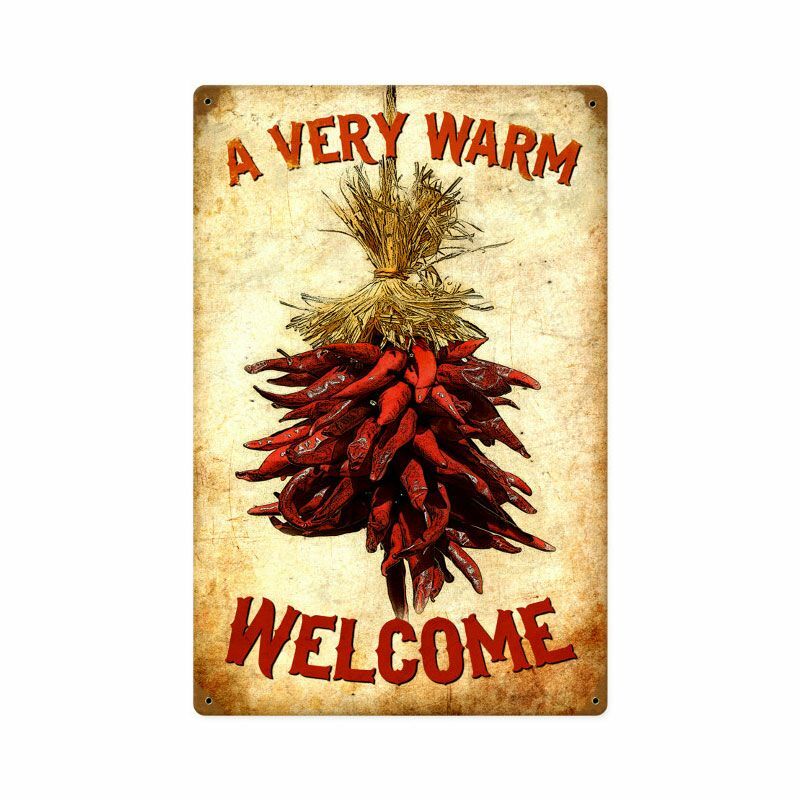 A VERY WARM WELCOME RED CHILIES PEPPER HEAVY DUTY USA MADE METAL HOME DECOR SIGN A VERY WARM WELCOME RED CHILIES PEPPER HEAVY DUTY USA MADE METAL HOME DECOR SIGN