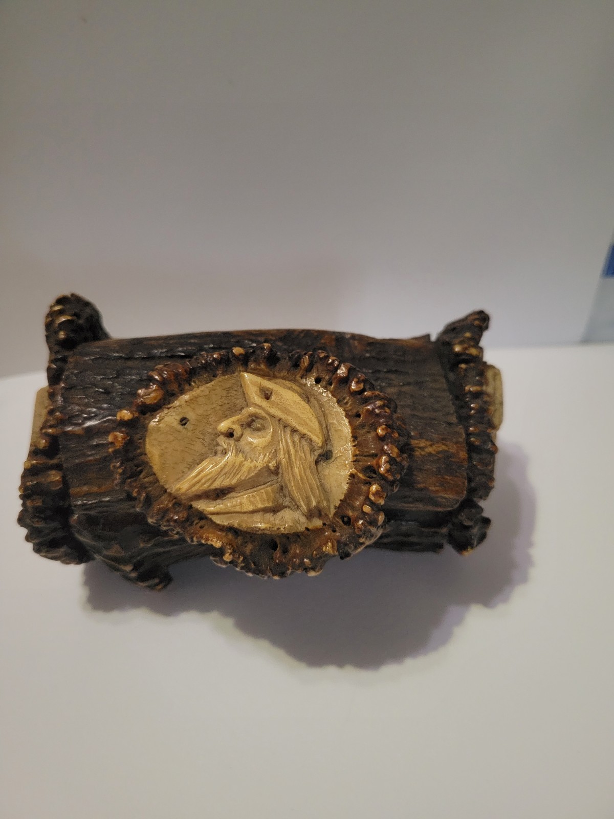 Antique German Carved Stag Antler Snuff Trinket Box Relief Portrait Black Forest