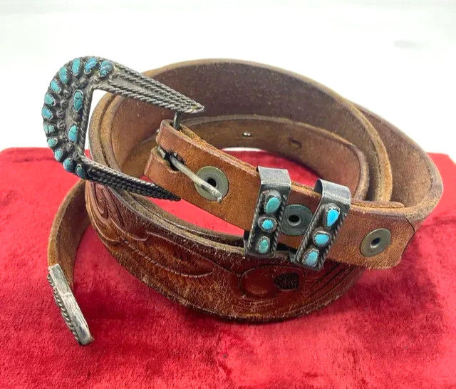 VTG ROBERT EUSTANCE RANGER SET BELT BUCKLE ZUNI NATIVE AMERICAN TURQUOIS