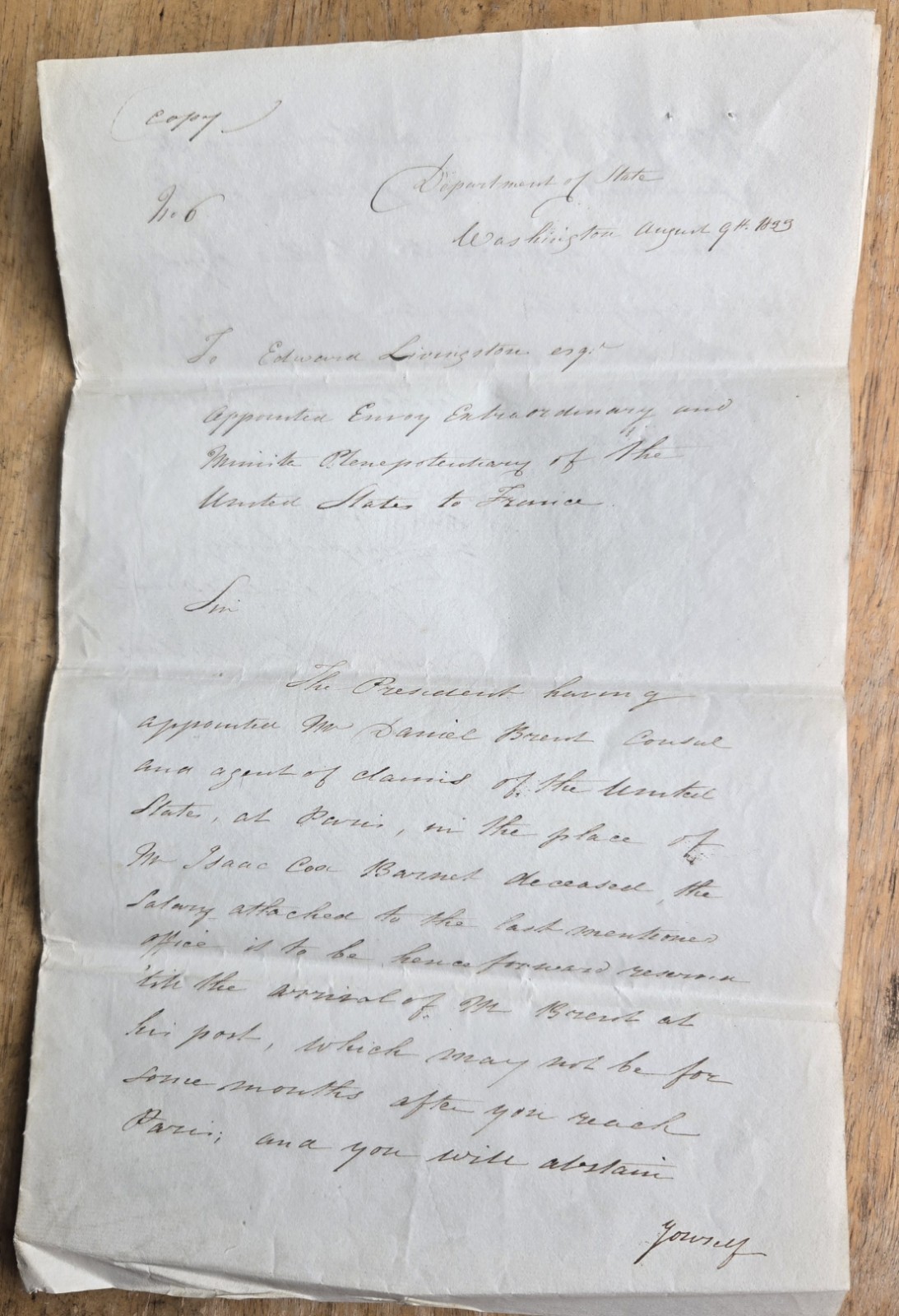 1833 U.S. Dept of State Letter from Sec. of State McLane to Edward Livingston 1833 U.S. Dept of State Letter from Sec. of State McLane to Edward Livingston
