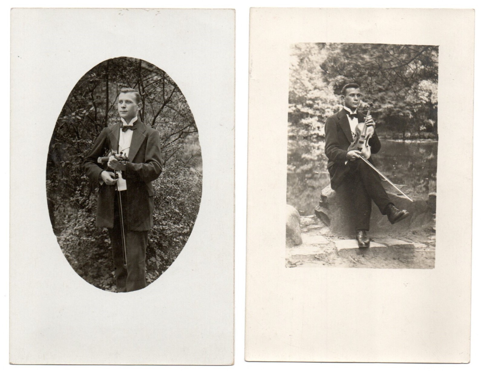 2 Antique photo 1910s. Unknown violinist. Musician, RPPC.