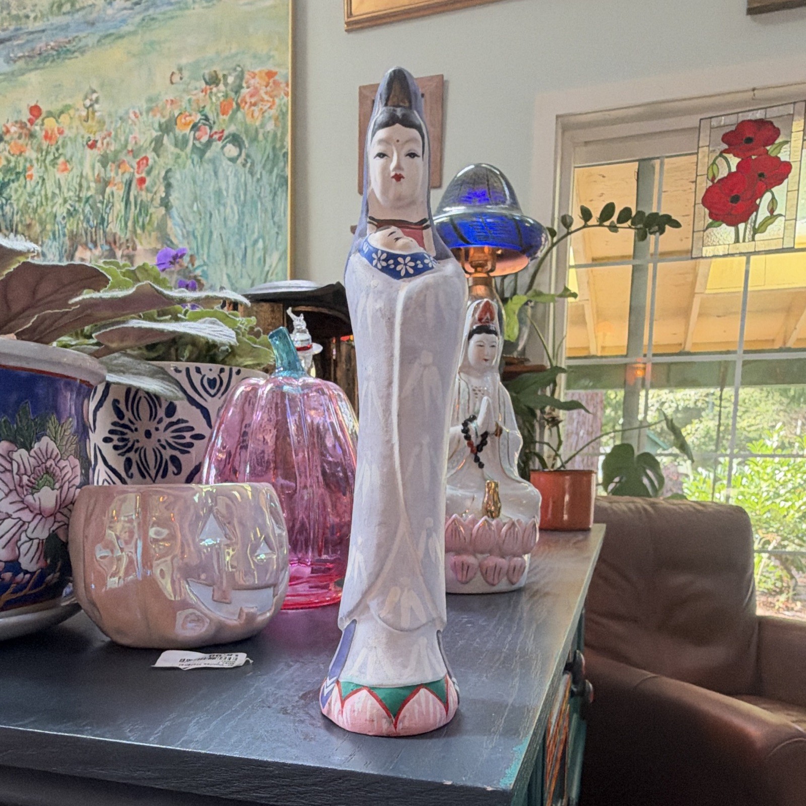 Vintage 8” Huishan Clay Songzi Guanyin Figurine Chinese Folk Art Child-Sending