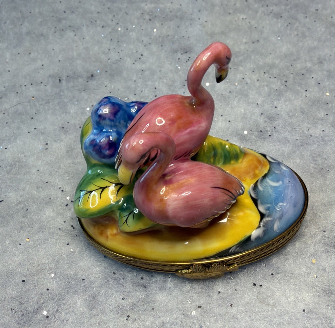 Rochard Limoges France Two Flamingos Trinket Box Peint Main Signed Hand Painted