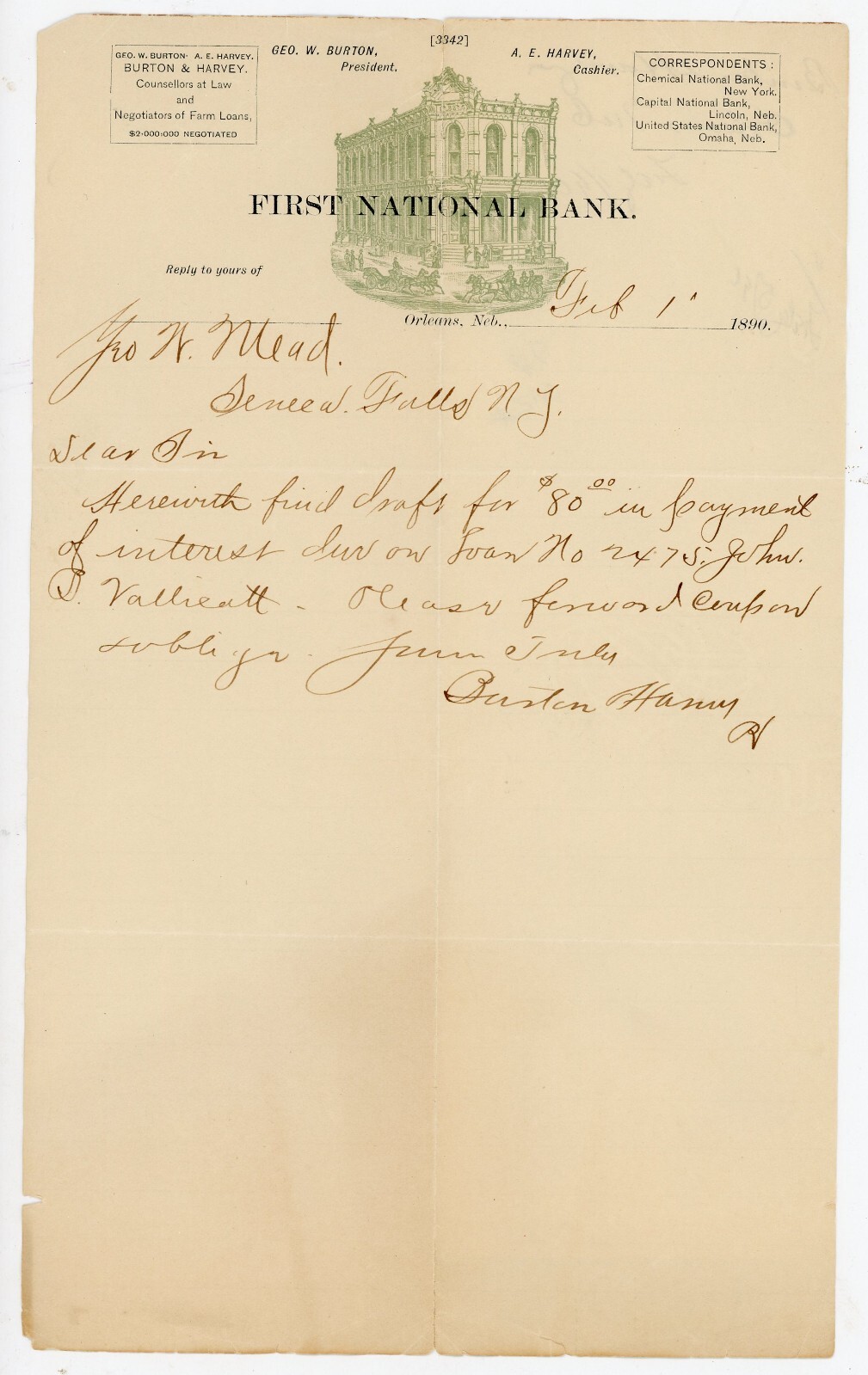 1890 First National Bank Orleans NE Letter Burton Harvey Signed Interest Payment 1890 First National Bank Orleans NE Letter Burton Harvey Signed Interest Payment