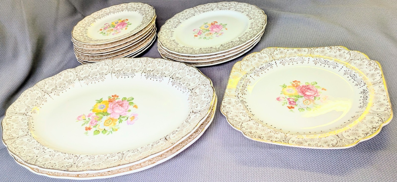 Vintage Canonsburg Pottery Keystone 15 Pc Set Floral 22K Gold Filigree Platters
