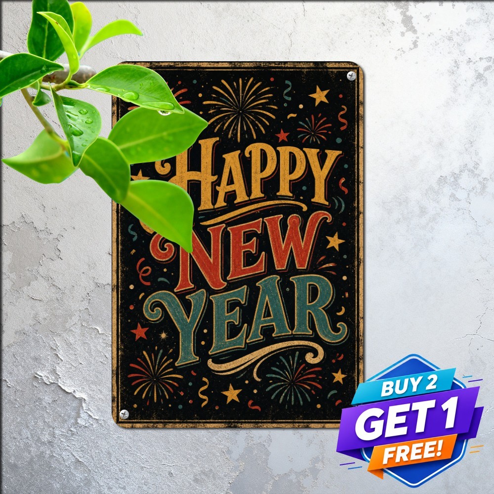 Happy New Year Fireworks Midnight Party Celebration Retro Metal Tin Sign