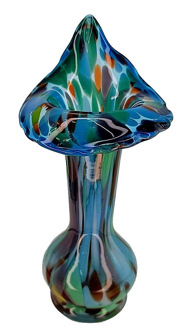 Jack In The Pulpit Vase Blue Rainbow Colored Art Glass Handblown Scalloped Vtg
