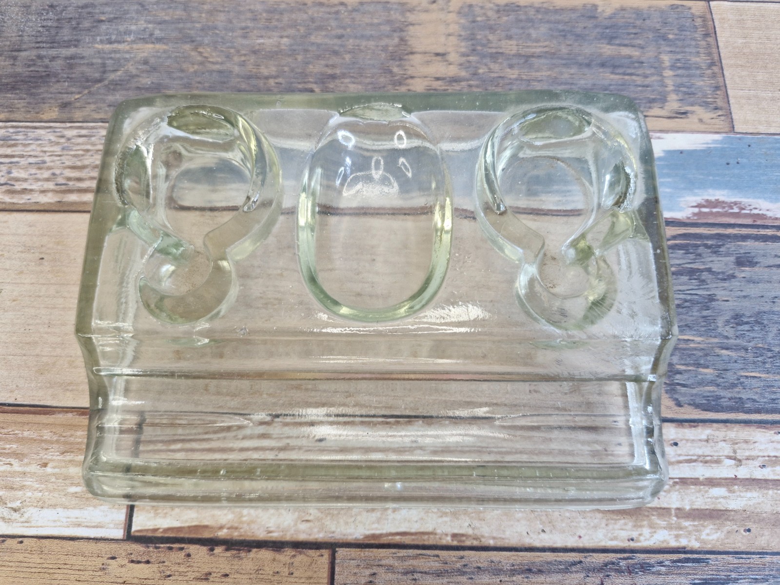 Vintage Clear Pressed Glass Double Inkwell Pen Stand Rest Desk Writing Accessory