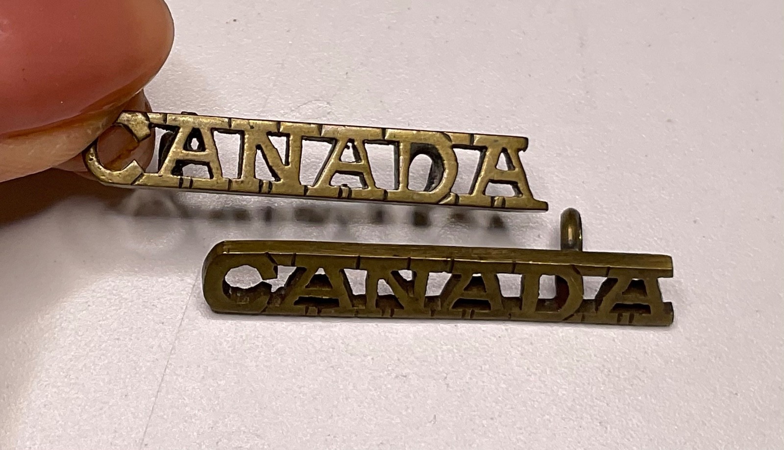 WWI Canadian CEF CANADA Brass Shoulder Titles Pair Voided Insignia WW1