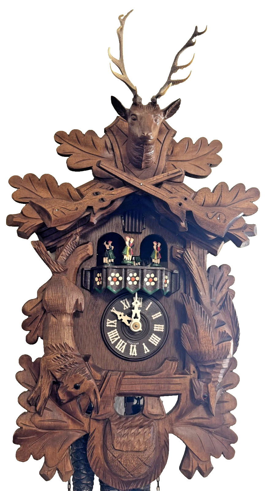NICE LARGE BLACK FOREST ALBERT SCHWAB 2 TUNE MUSIC DANCERS HUNTER CUCKOO CLOCK