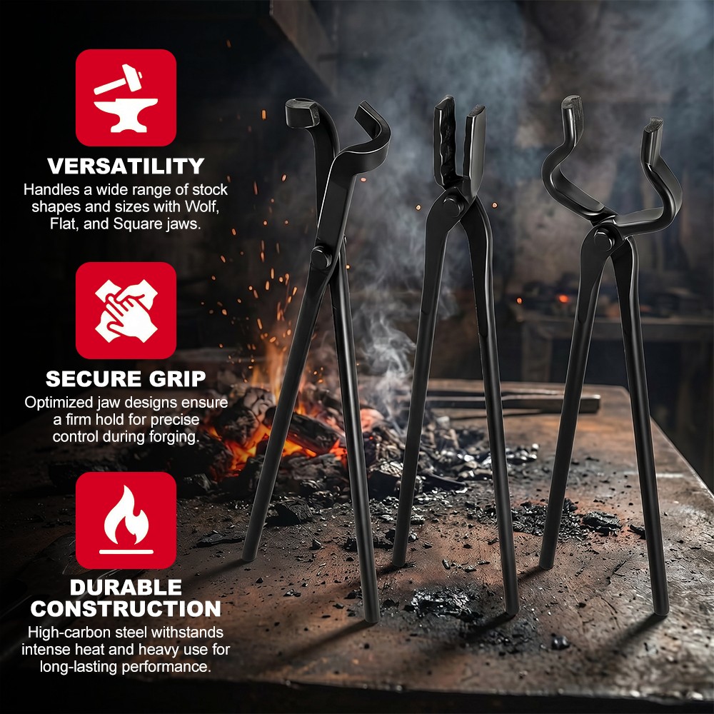 Blacksmith Tongs Set , V-Bit Blade Tongs, Flat Tongs and Blade Tongs for Forging