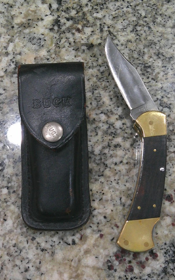Vintage 1970s Buck 112 Ranger Two-Dot Folding Pocket Knife W/ Sheath 7” Opened