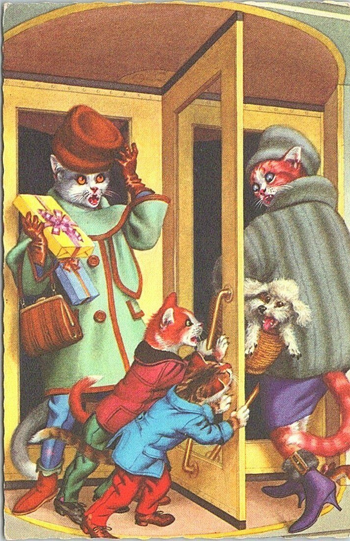 Illustrated PC Cats in Human Clothing Walking through Revolving Door early 1900s Illustrated PC Cats in Human Clothing Walking through Revolving Door early 1900s