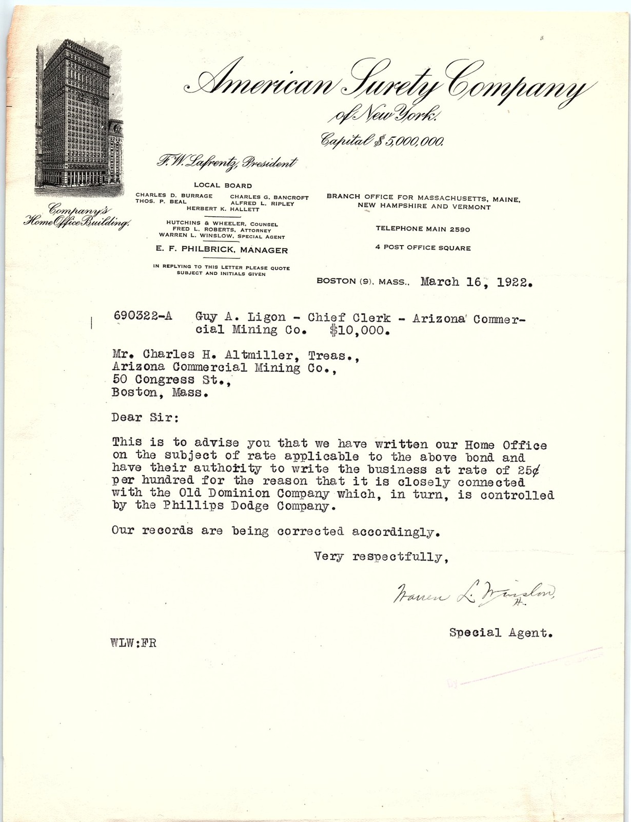 1922 American Surety Co. letter re: Arizona Mining Bond