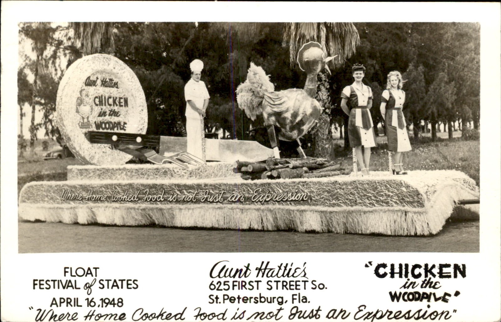 St. Petersburg FL Chicken in the Woodpile Float c1940s Real Photo Postcard bhn