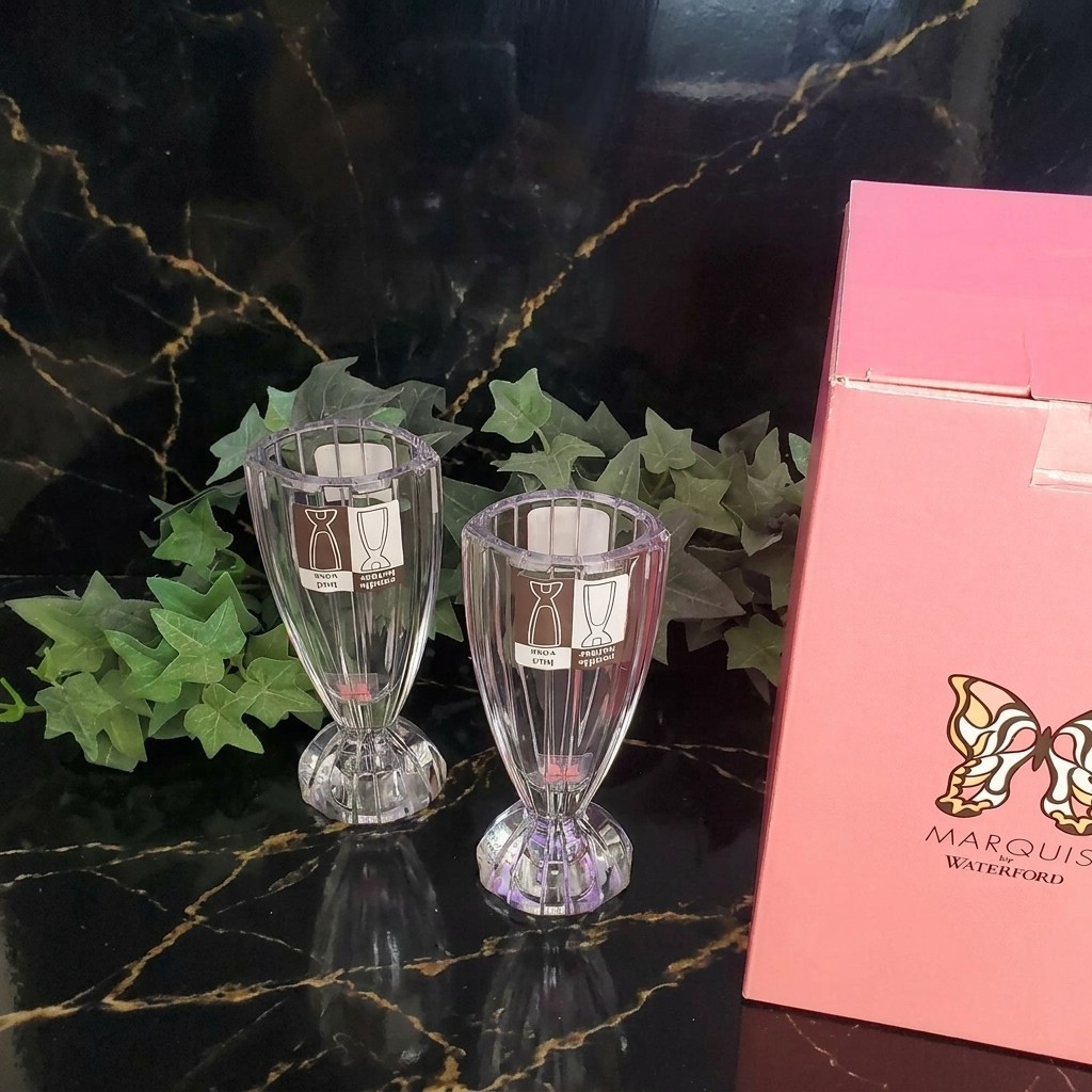 Pair Marquis by Waterford Gracier 7” Crystal Candlestick Holder/Bud Vase Germany