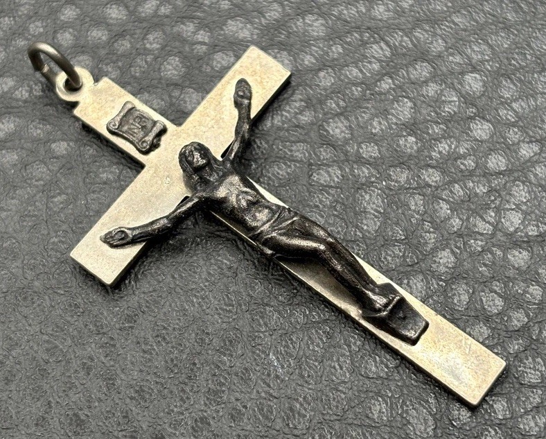 Vintage Italian Silver Tone Crucifix Cross Pendant INRI & Corpus Christi