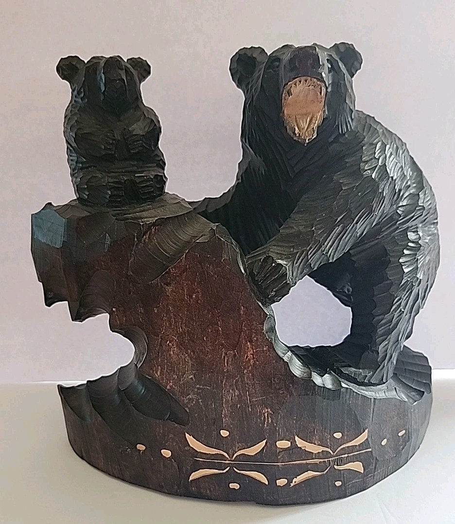 Vintage Ainu Kibori Kuma Japanese Wood Carved Bear And Cub Hokkaido Large 12\ Vintage Ainu Kibori Kuma Japanese Wood Carved Bear And Cub Hokkaido Large 12\