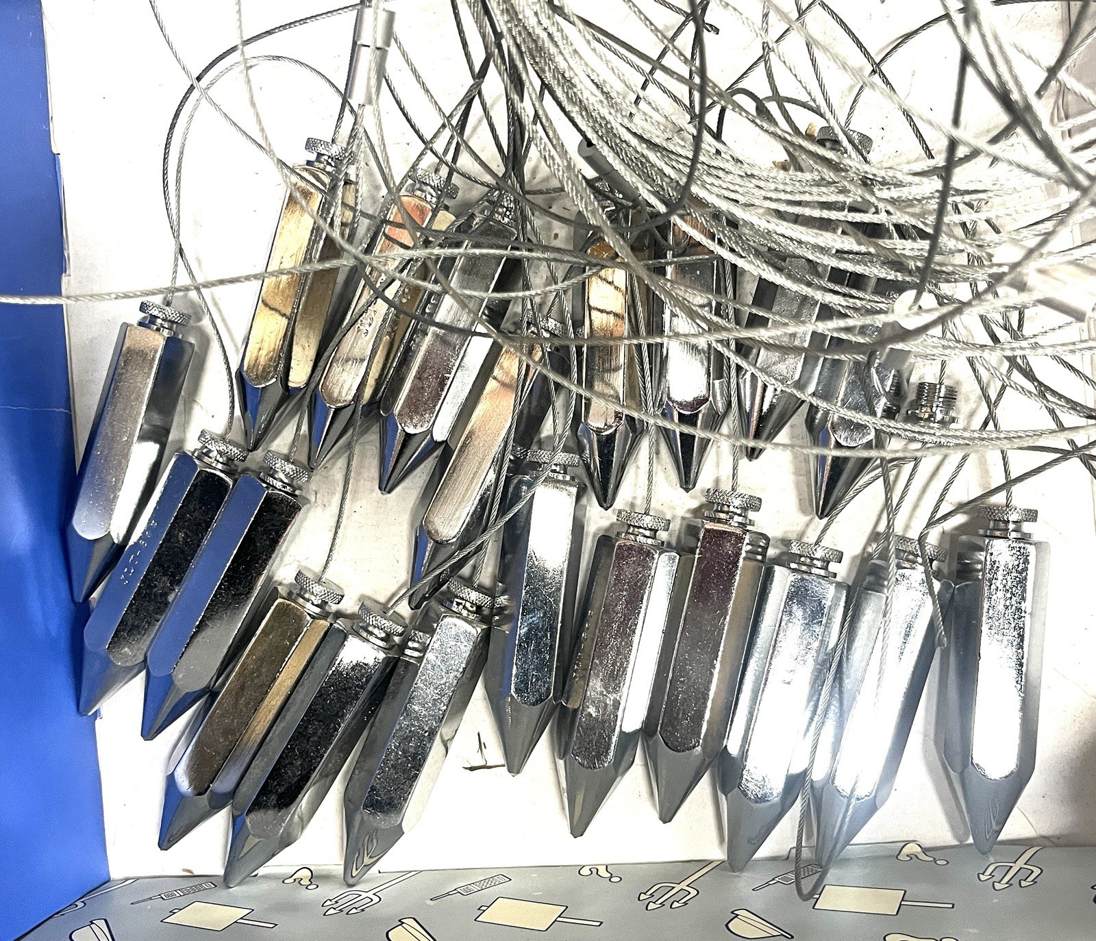 Lot of 20 JLT 8 oz Chrome Plumb Bobs w/ Steel Cables – Art Installation Parts