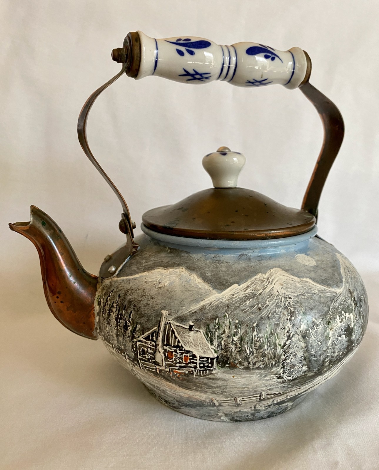 VTG HAND-PAINTED  COPPER TEAPOT Chinoiserie Porcelain Handle & Finial