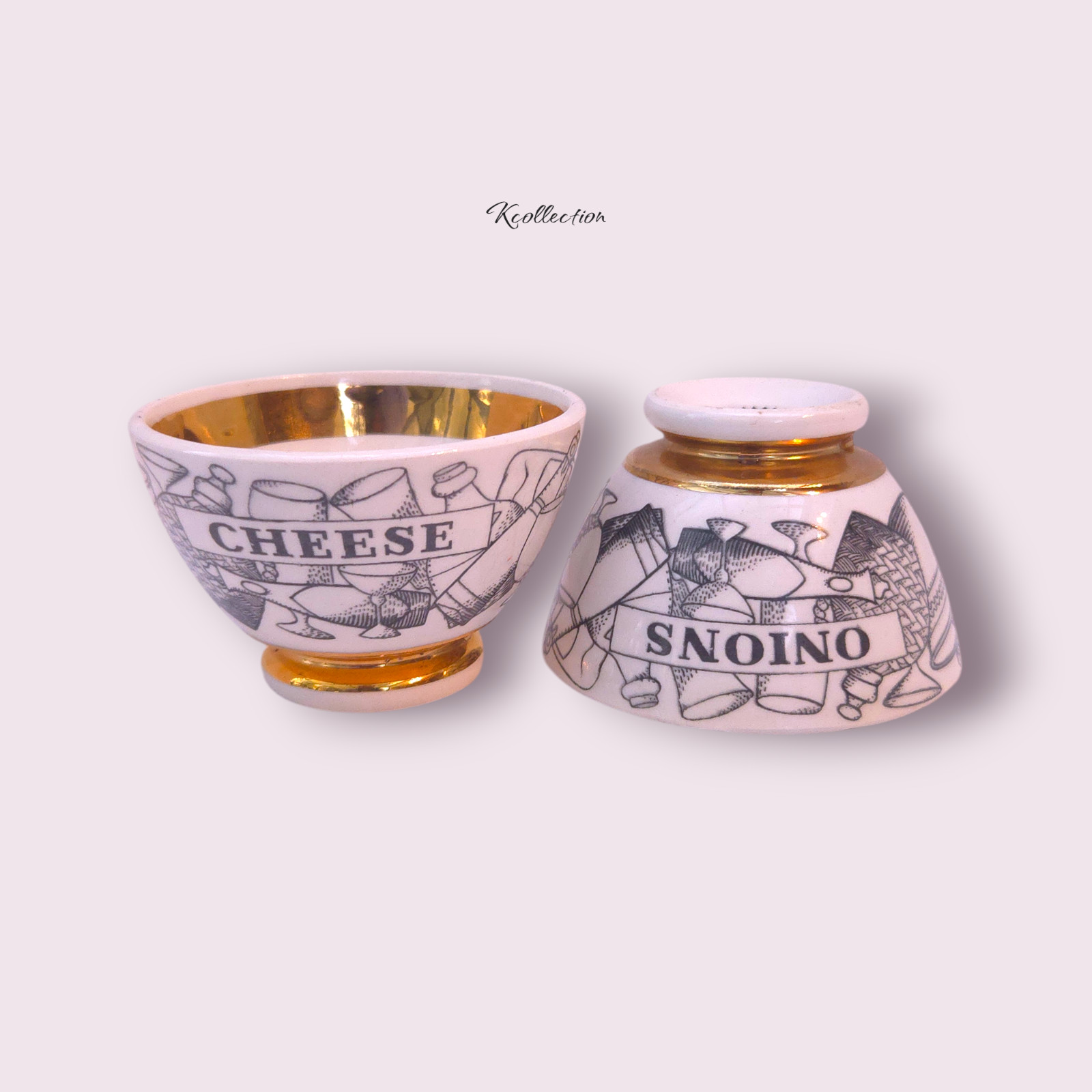 FORNASETTI Milano Vintage Condiment Cups CHEESE & ONIONS Gold Interior Italy FORNASETTI Milano Vintage Condiment Cups CHEESE & ONIONS Gold Interior Italy