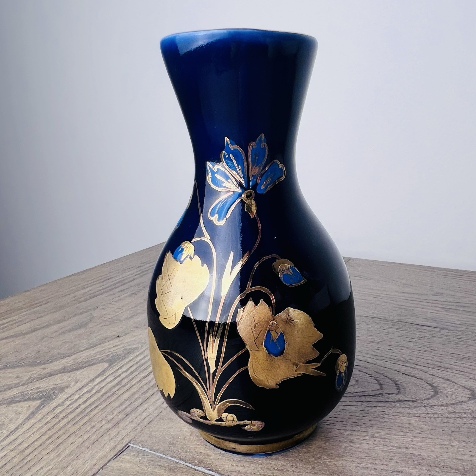 Vintage French Cobalt Blue Porcelain Vase Gold Gilt Floral 5.5” France