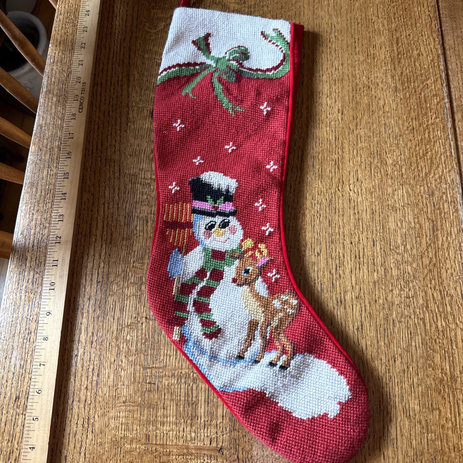Vintage Handcrafted Wool Needlepoint Christmas Stocking Reindeer Snowman Velvet