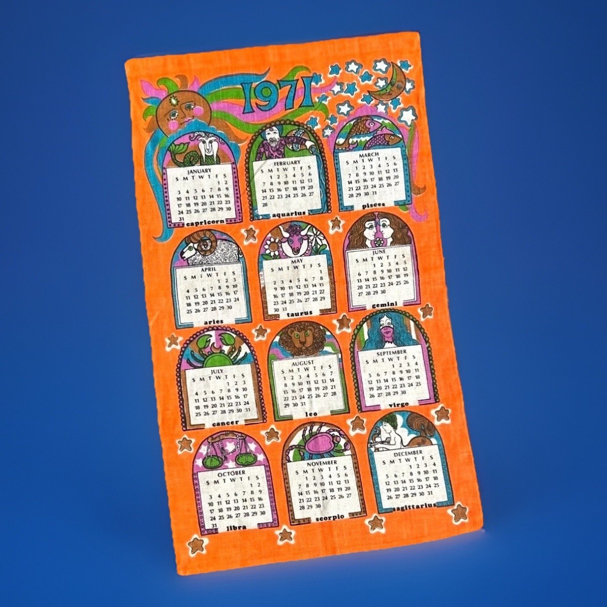 Vintage 1971 Astrology Zodiac Wall Hanging Calendar Horoscope Retro RARE Orange