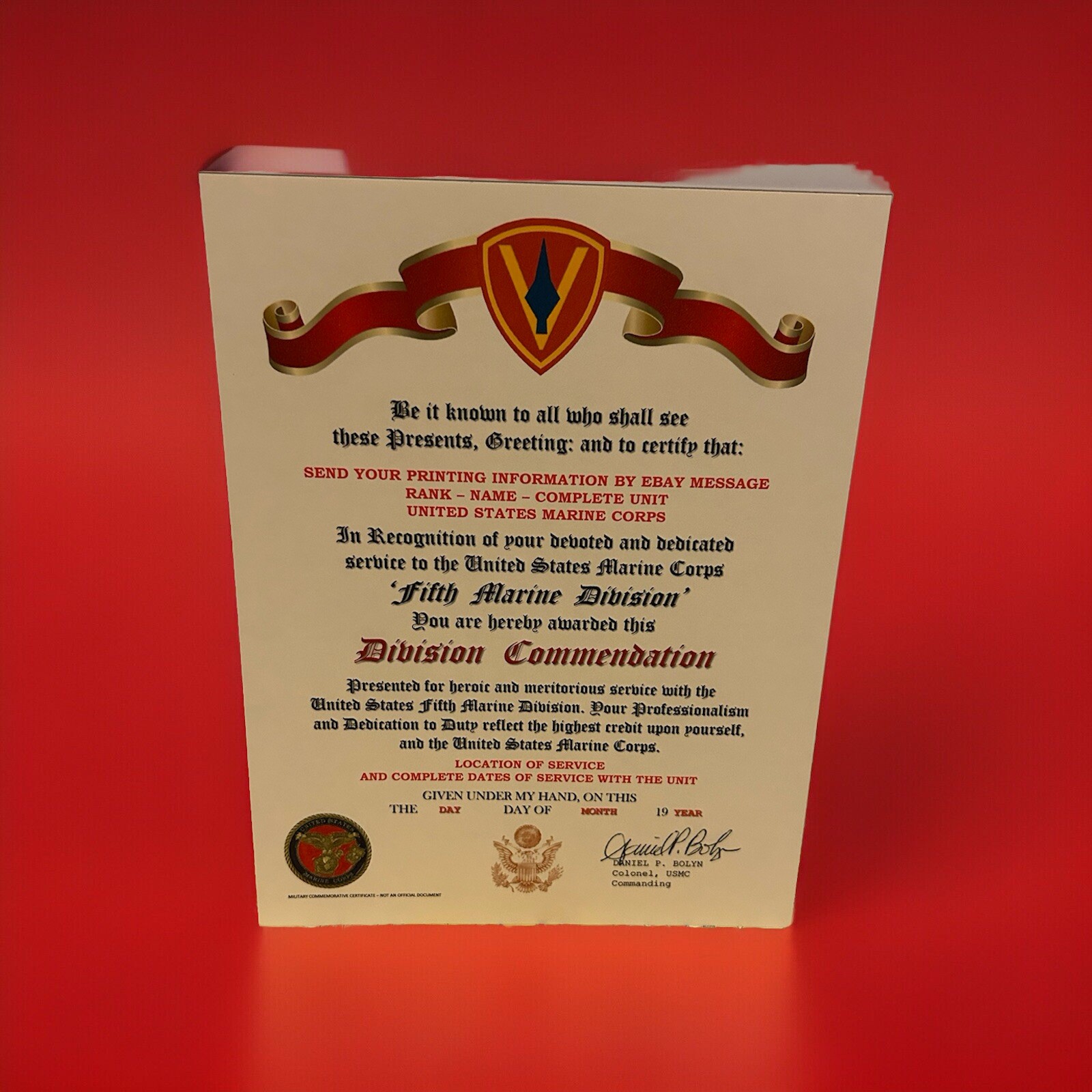 U.S.M.C. / FIFTH MARINE DIVISION ~ DIVISION COMMENDATION REPLACEMENT CERTIFICATE
