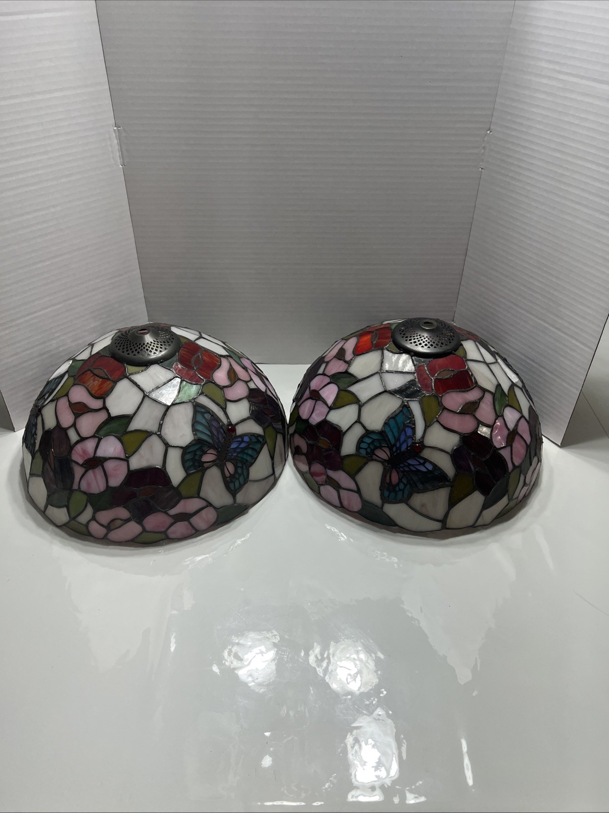 Vintage Stained Glass Lamp Shade Butterfly And Flowers