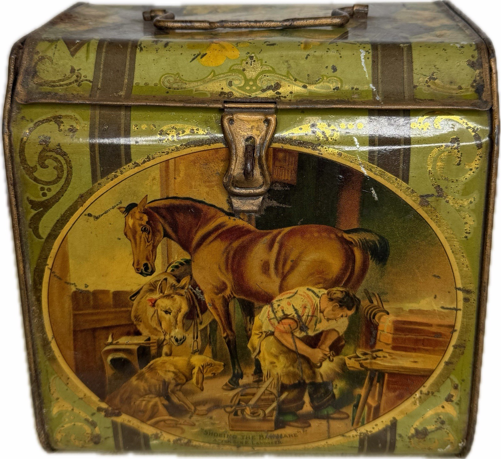 Antique Biscuit Tin Litho Box Horse Shoeing Bay Mare Dignity Impudence Tobacco Antique Biscuit Tin Litho Box Horse Shoeing Bay Mare Dignity Impudence Tobacco