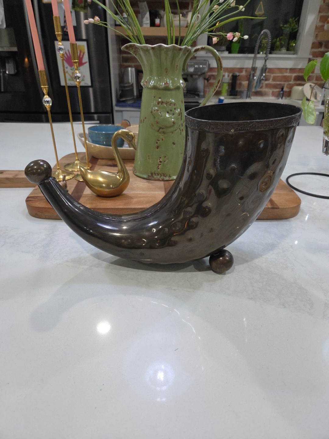 Lg Vintage Patinated Copper Cornucopia Centerpiece Vase India Hollywood Regency