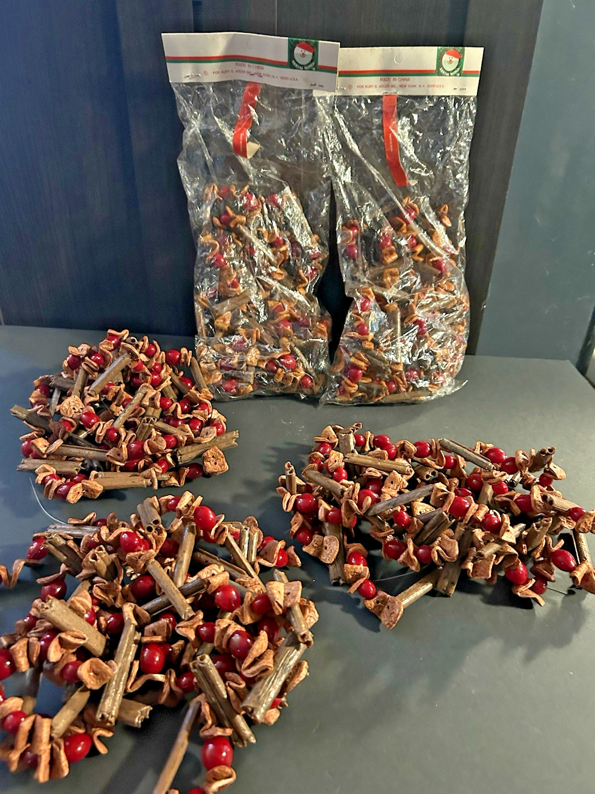 Lot of 5 Vintage Kurt Adler Santa\'s World Wood Bead Christmas Garlands