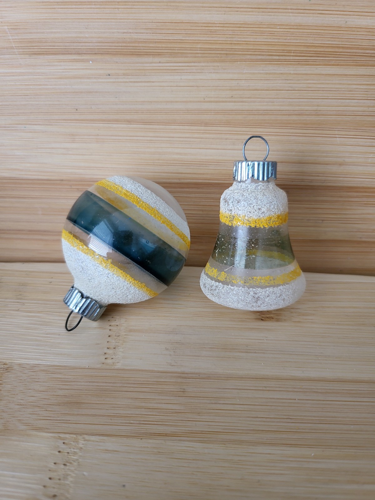 2 -Vtg Shiny Brite Mica Striped Glass Ornament Bell Blue Yellow White 5 Cent Cap