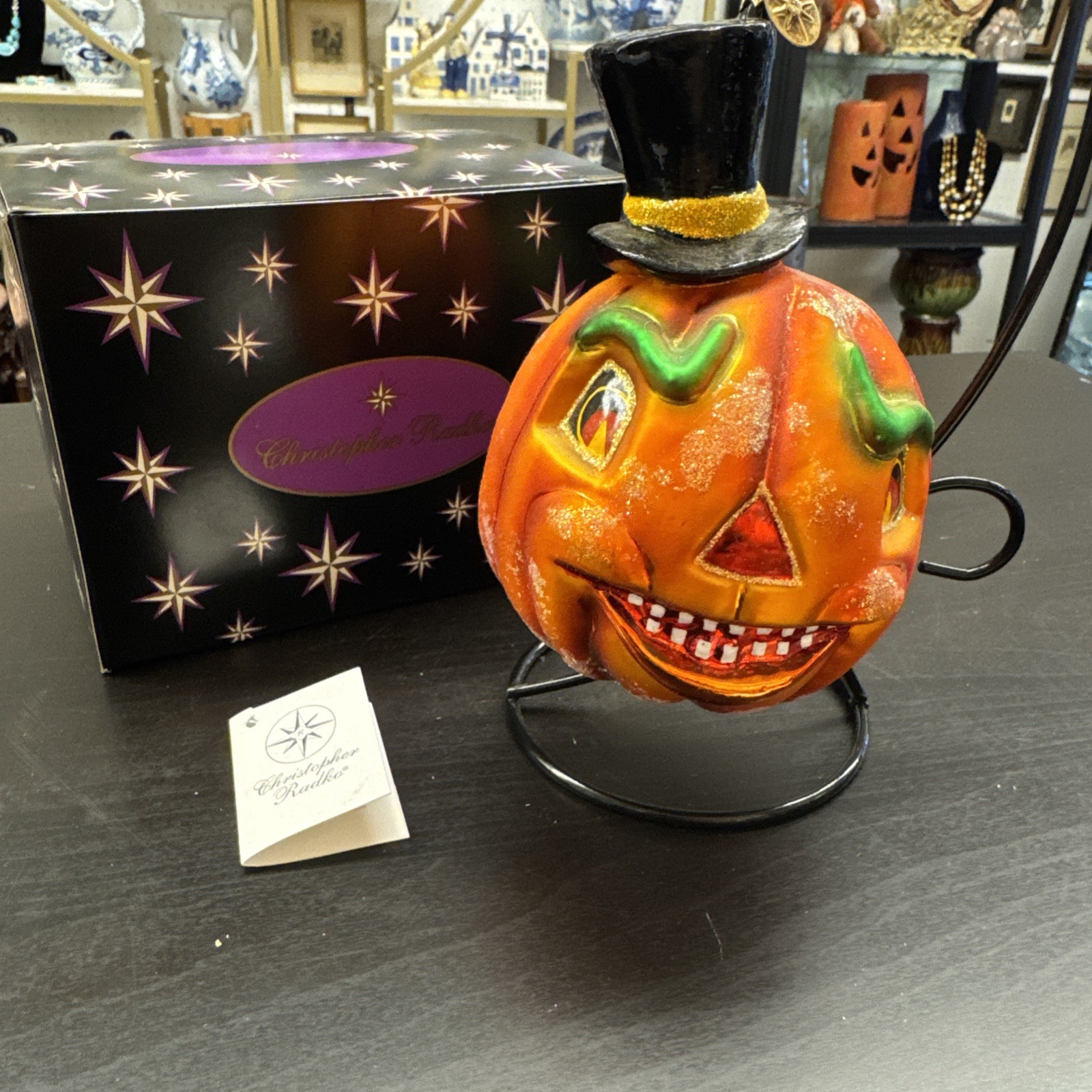 Vintage radko Gastly grins pumpkin jack-o\'-lantern RARE top hat glass ornament