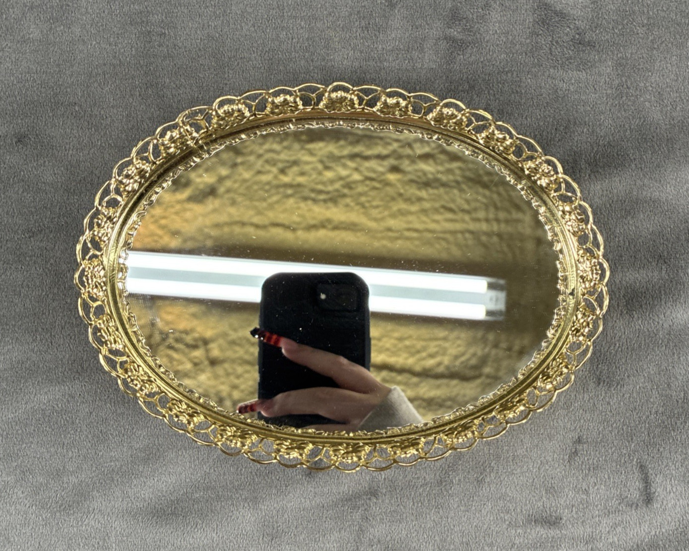 Vintage Vanity Dresser Mirror Tray Brass Filigree Frame Footed Small Oval 7x5”