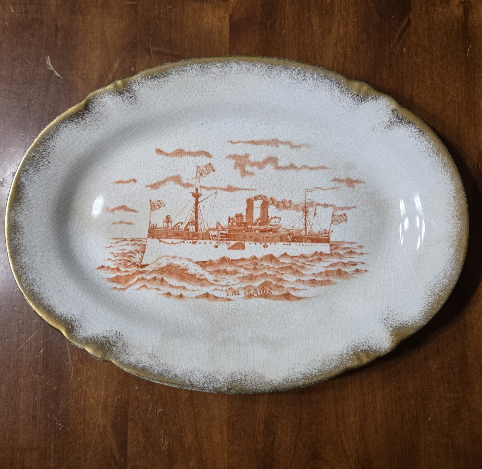 Antique 1898 Wheeling Pottery USS Maine Platter Heyman Bros W. Va. Advertising Antique 1898 Wheeling Pottery USS Maine Platter Heyman Bros W. Va. Advertising