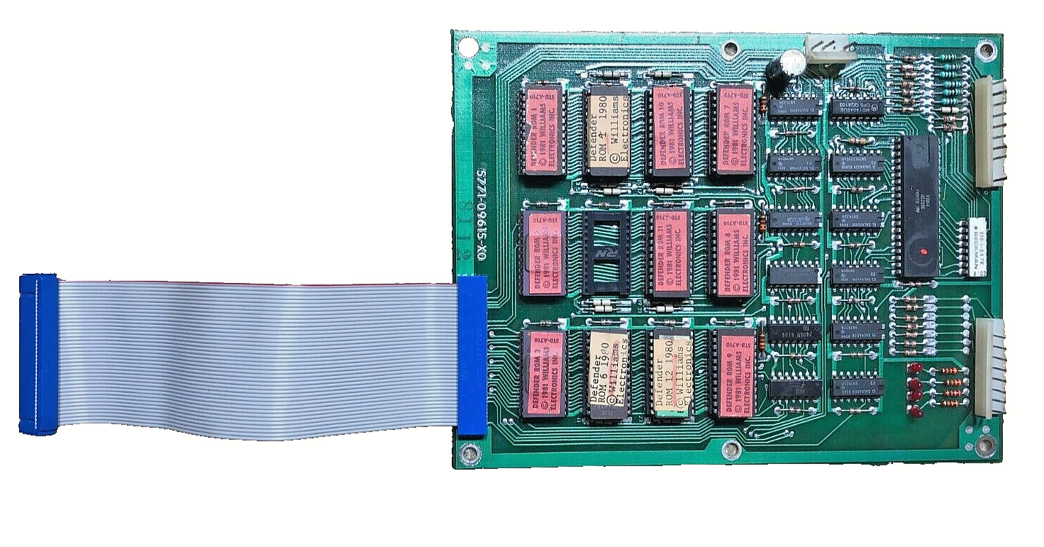 William\'s Defender ROM board REPAIR with NEW ribbon cable & PIA chip installed William\'s Defender ROM board REPAIR with NEW ribbon cable & PIA chip installed