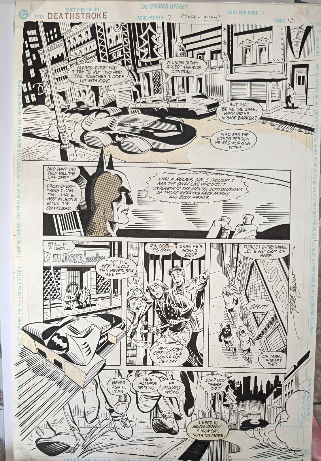 DC Comics Deathstroke Original Interior Page w/ Batman Signed Steve Irwin 1992