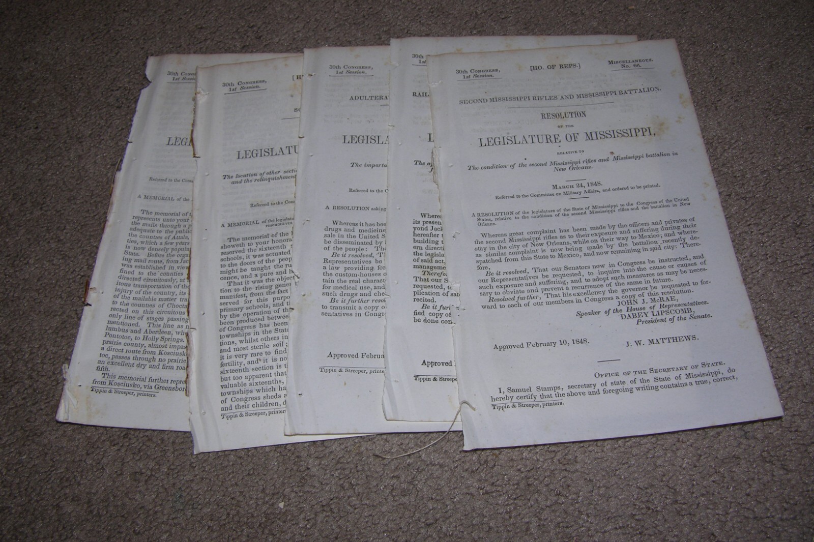 5x 1848 Resolutions from Mississippi RE: School, Stage Routes, etc Gov Docs 5x 1848 Resolutions from Mississippi RE: School, Stage Routes, etc Gov Docs
