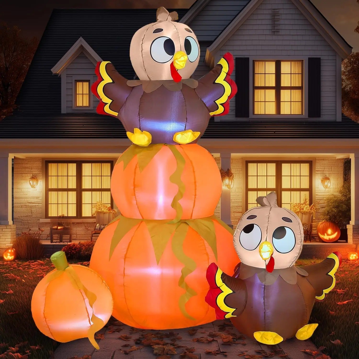 6 FT Thanksgiving Inflatable Stacking Pumpkin Turkey W/ Built-in LEDs Blow Up