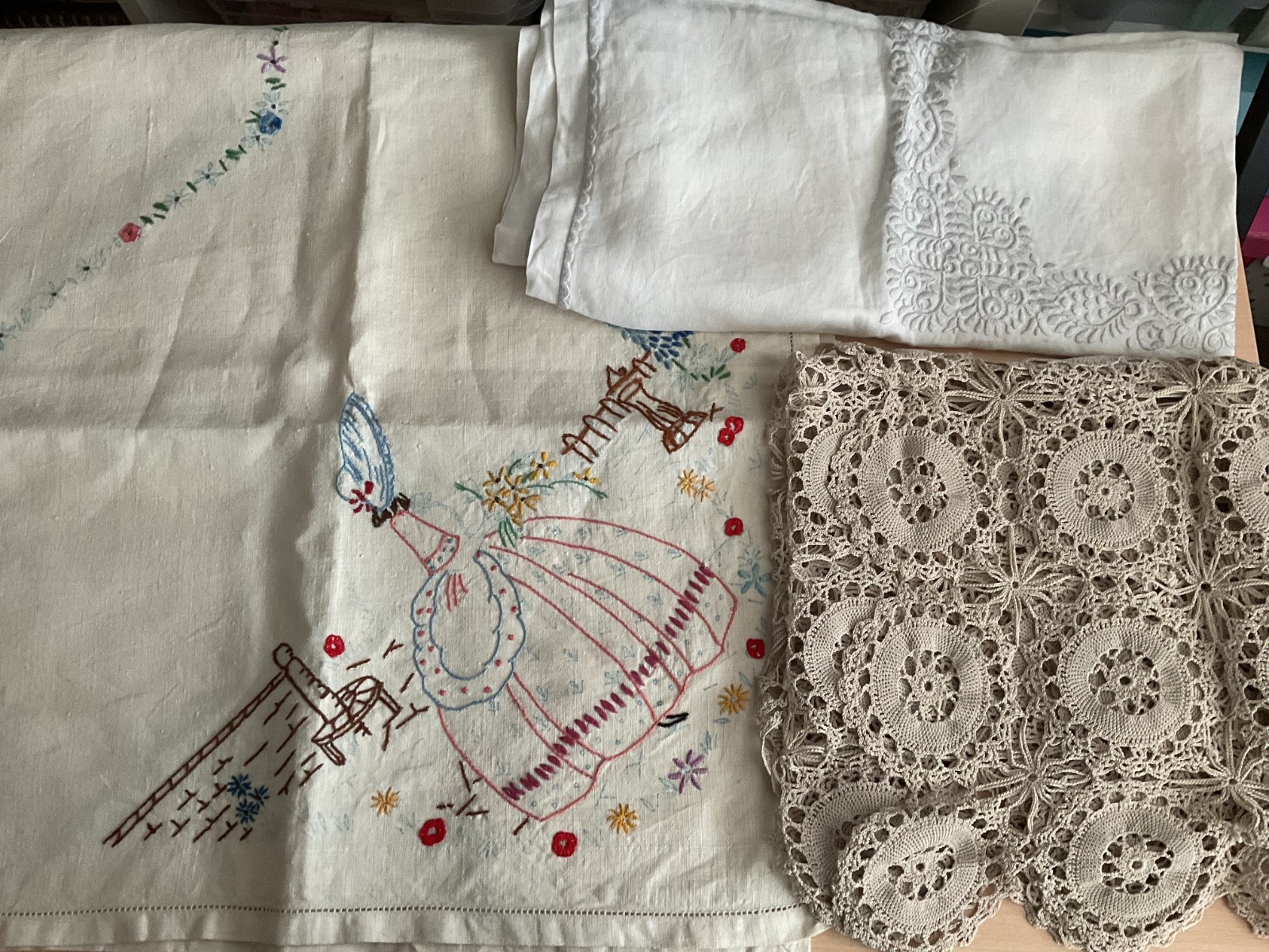 Vintage linen hand embroidered table cloths and lace runner Vintage linen hand embroidered table cloths and lace runner
