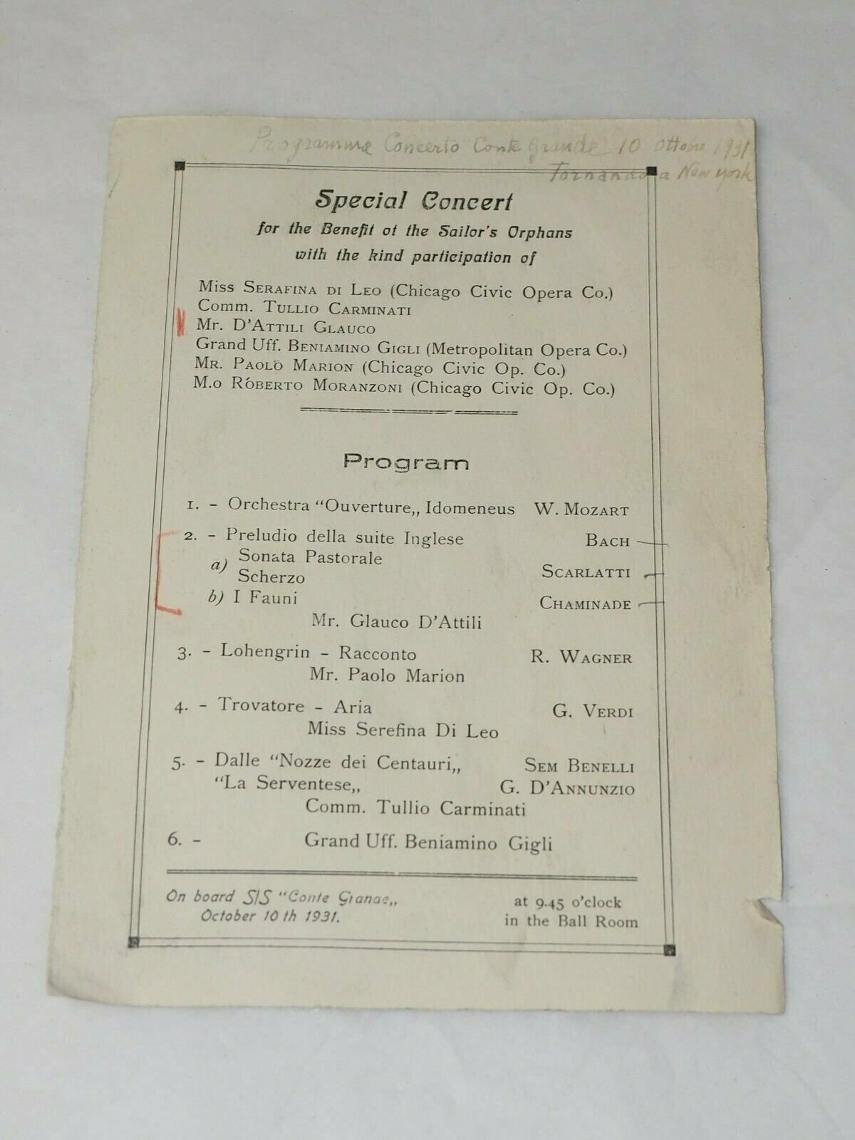1931 Special CONCERT for the benefit of Sailors Orphans PROGRAM SS Conte Grande 1931 Special CONCERT for the benefit of Sailors Orphans PROGRAM SS Conte Grande