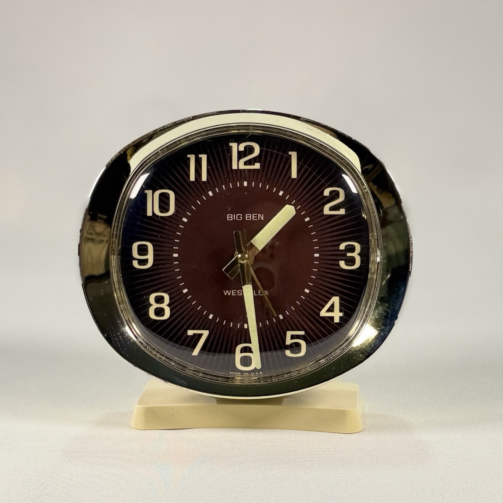 Vtg 1970s Westclox Big Ben Wind Up Alarm Clock MCM Brown Starburst Strong Lume Vtg 1970s Westclox Big Ben Wind Up Alarm Clock MCM Brown Starburst Strong Lume