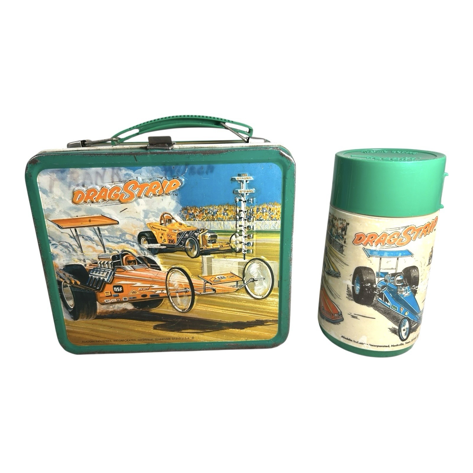 Vintage 1975 Aladdin Drag Strip Metal Lunchbox with Thermos Vintage 1975 Aladdin Drag Strip Metal Lunchbox with Thermos